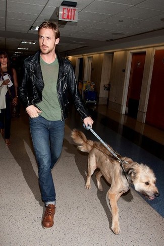 Ryan Gosling wearing Black Leather Biker Jacket, Olive Crew-neck T-shirt, Navy Jeans, Brown Leather Work Boots