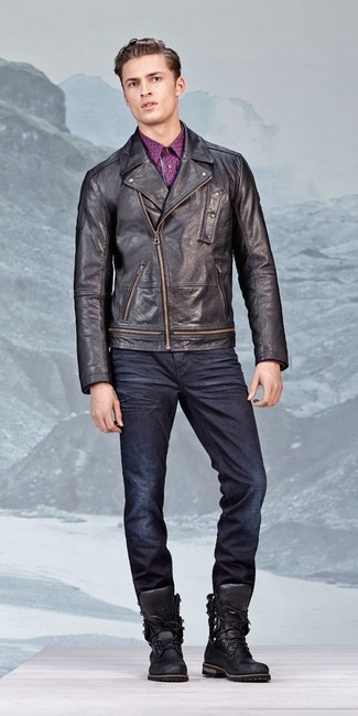 A black leather biker jacket and navy jeans are a good combination to have in your current off-duty rotation. Infuse a touch of stylish casualness into this getup by rocking black leather work boots.