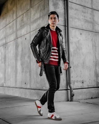 White Leather High Top Sneakers Outfits For Men: A black leather biker jacket and black jeans combined together are the ideal combination for those who love casually stylish getups. Go ahead and make white leather high top sneakers your footwear choice for a more casual spin.