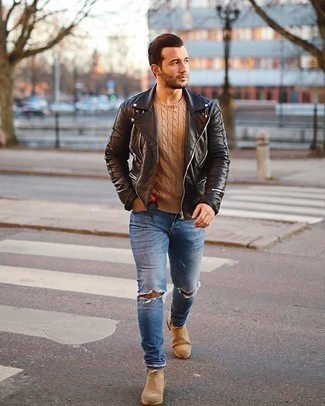 Beige Cable Sweater Outfits For Men: A beige cable sweater and blue ripped jeans are great menswear elements to have in your daily wardrobe. Dial up your look by rocking a pair of tan suede chelsea boots.