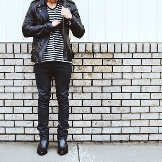 Black Leather Jeans Outfits For Men: A black leather biker jacket and black leather jeans are wonderful menswear essentials that will integrate nicely within your daily casual wardrobe. Want to break out of the mold? Then why not complete your ensemble with a pair of black leather chelsea boots?