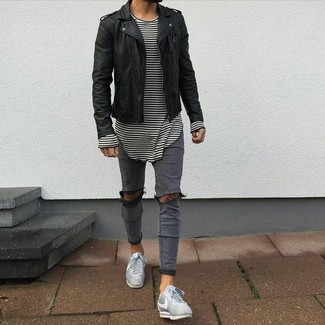 Men's Black Leather Biker Jacket, White and Black Horizontal Striped Long Sleeve T-Shirt, Grey Ripped Skinny Jeans, Grey Low Top Sneakers