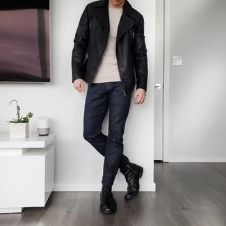 Black Leather Jacket with Black Jeans Outfits For Men: For a relaxed casual look, marry a black leather jacket with black jeans — these pieces go really well together. For a modern hi/low mix, add a pair of black leather casual boots to this outfit.