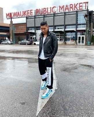 White and Blue Canvas High Top Sneakers Outfits For Men: This combo of a black leather biker jacket and black and white print sweatpants is hard proof that a safe casual ensemble can still be really interesting. When it comes to footwear, this look is complemented perfectly with white and blue canvas high top sneakers.