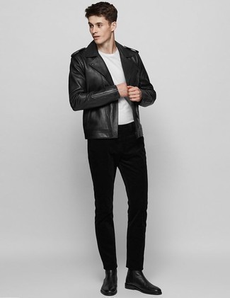 A black leather biker jacket and black chinos are a great combo to keep in your current casual arsenal. Complete this ensemble with a pair of black leather chelsea boots to spice things up.