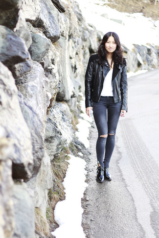 Women's Black Leather Biker Jacket, White Crew-neck T-shirt, Charcoal Ripped Skinny Jeans, Black Leather Ankle Boots