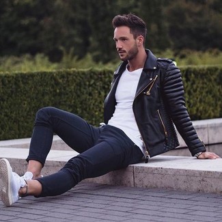 Men's Black Quilted Leather Biker Jacket, White Crew-neck T-shirt, Navy Chinos, White Low Top Sneakers