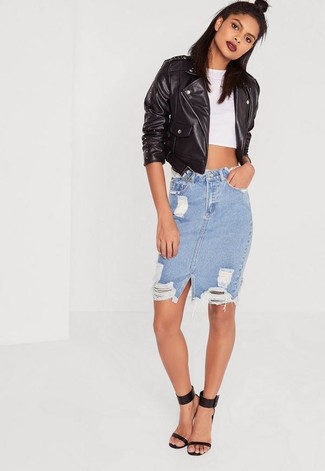 White Cropped Top Outfits: Wear a white cropped top with a light blue ripped denim pencil skirt for an everyday look that's full of charm and character. Bump up the style factor of your ensemble by rounding off with a pair of black leather heeled sandals.