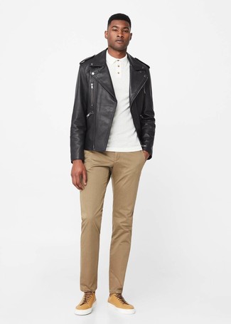 Men's Black Leather Biker Jacket, White Polo, Khaki Chinos, Tan Leather Low Top Sneakers