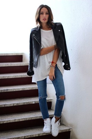 Women's Black Leather Biker Jacket, White Sleeveless Top, Blue Ripped Skinny Jeans, White High Top Sneakers