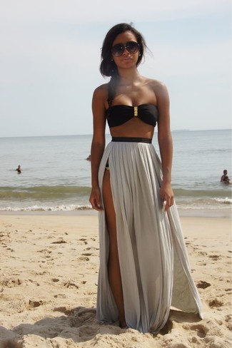 Grey Slit Maxi Skirt Outfits: 