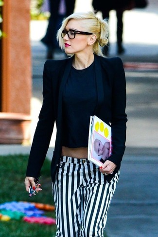 Gwen Stefani wearing Black Blazer, Black Cropped Top, White and Black Vertical Striped Jeans