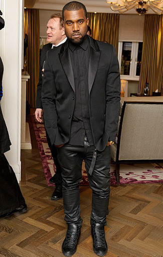 Kanye West wearing Black Silk Blazer, Black Dress Shirt, Black Leather Jeans, Black Leather High Top Sneakers