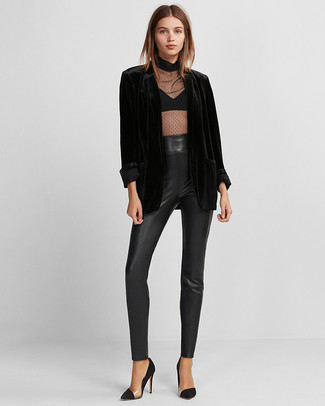 Black Velvet Blazer Outfits For Women: A black velvet blazer and black leather skinny pants are indispensable staples if you're piecing together a casual closet that holds to the highest sartorial standards. When it comes to shoes, this outfit is complemented brilliantly with black suede pumps.