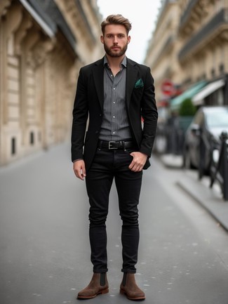 black blazer with brown boots