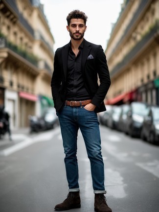 black blazer and brown shoes
