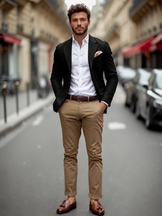 brown shoes with black sport coat