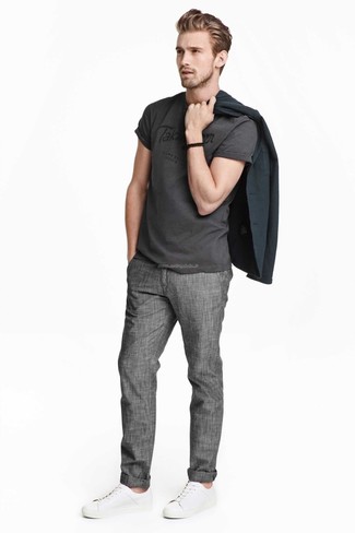 Charcoal Print Crew-neck T-shirt Outfits For Men: If you're after a casual but also sharp ensemble, try pairing a charcoal print crew-neck t-shirt with charcoal chinos. If not sure about the footwear, stick to white leather low top sneakers.