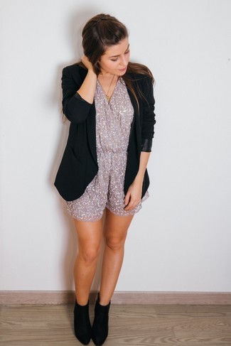 Grey Playsuit Outfits: Consider wearing a black blazer and a grey playsuit for a relaxed casual ensemble with a twist. Black suede ankle boots are a surefire way to inject an added touch of style into your ensemble.