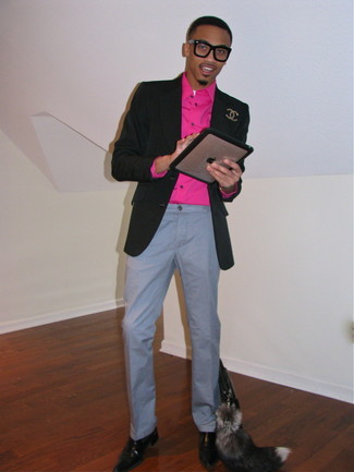Men's Black Blazer, Hot Pink Long Sleeve Shirt, Grey Chinos, Dark Brown Leather Oxford Shoes