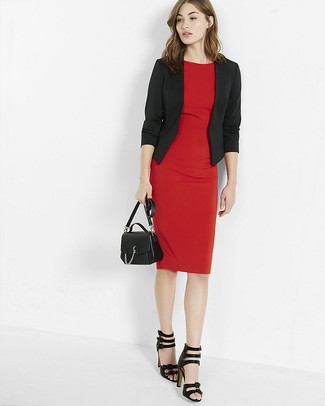 professional red dress with black blazer