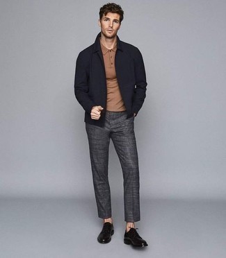 Tan Polo Outfits For Men: For something more on the casually edgy side, consider wearing a tan polo and grey chinos. Amp up the formality of your ensemble a bit by rocking black leather derby shoes.
