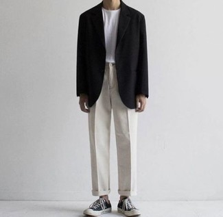 Men's Black Blazer, White Crew-neck T-shirt, Grey Chinos, Black and White Canvas Low Top Sneakers
