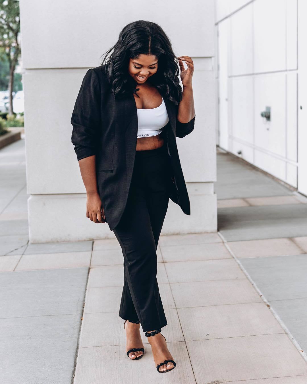 white button up black crop top black trousers outfit