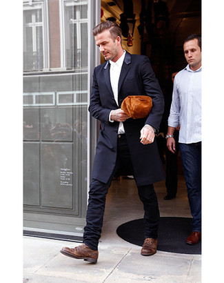 David Beckham wearing Black Blazer, White Dress Shirt, Black Skinny Jeans, Brown Leather Derby Shoes