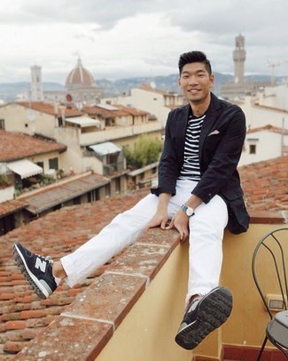 all white with black blazer