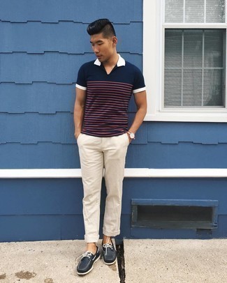 Navy Horizontal Striped Polo Outfits For Men: 