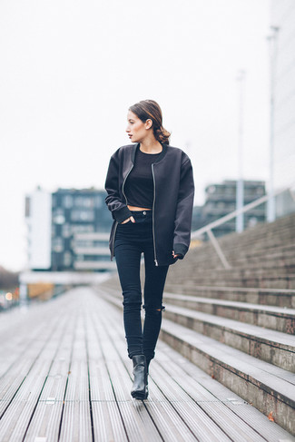 Women's Black Bomber Jacket, Black Cropped Top, Black Ripped Skinny Jeans, Black Leather Ankle Boots