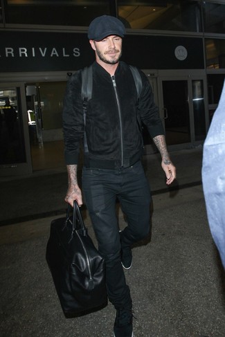 David Beckham wearing Black Suede Bomber Jacket, Black Jeans, Black Athletic Shoes, Black Flat Cap