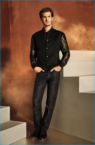 Andrew Garfield wearing Black Bomber Jacket, Black Jeans, Black Leather Oxford Shoes