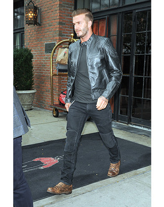 David Beckham wearing Black Leather Bomber Jacket Black Long