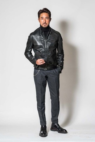 Men's Black Leather Bomber Jacket, Black Turtleneck, Charcoal Wool Dress Pants, Black Leather Chelsea Boots