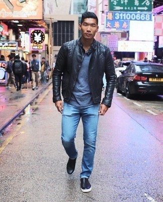 Black Leather Jacket with Blue Pants Outfits For Men: If it's ease and practicality that you appreciate in an outfit, try teaming a black leather jacket with blue pants. Black leather slip-on sneakers are guaranteed to bring an extra dose of style to this look.