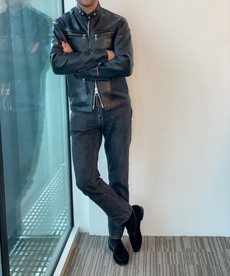 Black Leather Bomber Jacket Outfits For Men: Dress in a black leather bomber jacket and charcoal jeans for both dapper and easy-to-wear ensemble. Black suede loafers will immediately dress up even your most comfortable clothes.