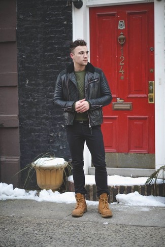 For a casually cool ensemble, wear a black leather bomber jacket and black jeans — these two items work really well together. Complement your look with tan suede casual boots to make the getup slightly classier.
