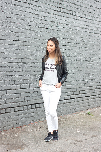 Grey Print Crew-neck T-shirt Outfits For Women: Why not dress in a grey print crew-neck t-shirt and white jeans? Both items are totally comfy and will look fabulous when paired together. Feeling creative? Tone down your outfit with a pair of black athletic shoes.