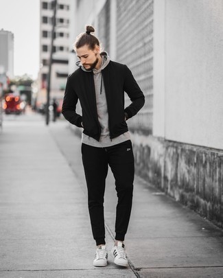 Black Sweatpants with Black Bomber Jacket Outfits For Men In Their