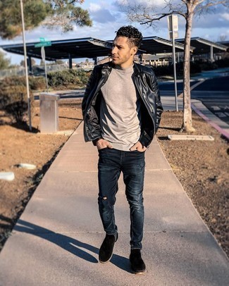 Black Chelsea Boots Outfits For Men: For a casually stylish ensemble, rock a black leather bomber jacket with navy ripped skinny jeans — these pieces fit really nice together. Up the style ante of your look by wearing black chelsea boots.