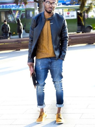 Men's Black Leather Bomber Jacket, Mustard Cable Sweater, Blue Ripped Skinny Jeans, Mustard Suede Brogues