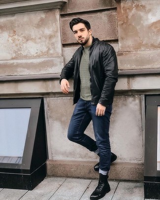Men's Black Leather Bomber Jacket, Olive Cable Sweater, Navy Jeans, Black Leather Casual Boots