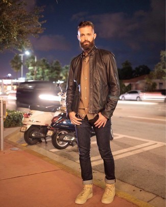 Beige Canvas High Top Sneakers Outfits For Men: Why not consider pairing a black leather bomber jacket with black jeans? As well as super practical, both pieces look good worn together. You can get a little creative in the shoe department and play down your getup with a pair of beige canvas high top sneakers.