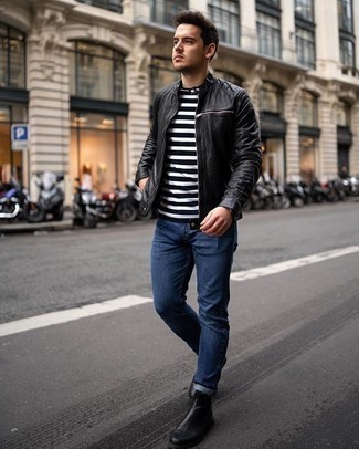 White and Black Crew-neck T-shirt Outfits For Men: This combo of a white and black crew-neck t-shirt and navy jeans is solid proof that a safe casual ensemble can still look incredibly sharp. Introduce black leather chelsea boots to this outfit for an instant style boost.