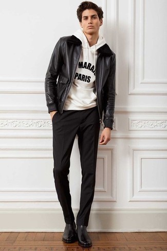 Men's Black Leather Bomber Jacket, White and Black Print Hoodie, Black Chinos, Black Leather Chelsea Boots