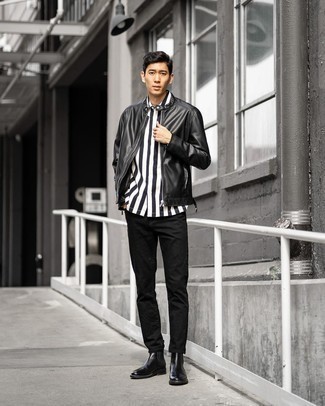 Black Leather Bomber Jacket with Black Jeans Outfits For Men: A black leather bomber jacket and black jeans? It's an easy-to-wear ensemble that any gentleman can work on a day-to-day basis. Finishing with black leather chelsea boots is a guaranteed way to give an extra touch of style to this outfit.