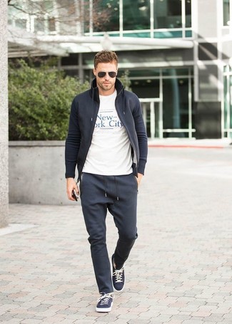 Grey Sweatpants Outfits For Men: This pairing of a black bomber jacket and grey sweatpants is hard proof that a safe casual outfit doesn't have to be boring. When it comes to footwear, this outfit pairs nicely with navy canvas low top sneakers.