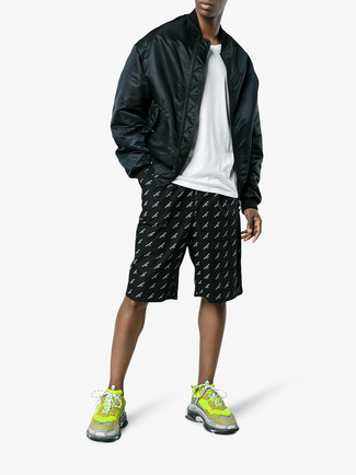Black Bomber Jacket Summer Outfits For Men: This casual combination of a black bomber jacket and black and white print shorts is ideal if you need to feel confident in your outfit. For something more on the casual and cool end to round off this getup, introduce green-yellow athletic shoes to the equation. You'll always look stylish even despite the unbearable heat if you have this look as your go-to formula.
